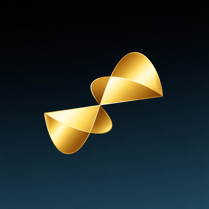 A golden abstract sculpture or logo consisting of curved, ribbon-like metallic forms against a dark blue gradient background.