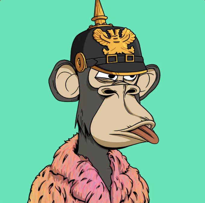 A cartoon illustration of a Bored Ape-style monkey wearing a black Pickelhaube German military helmet with a golden eagle emblem and a pink fur collar, set against a turquoise background.