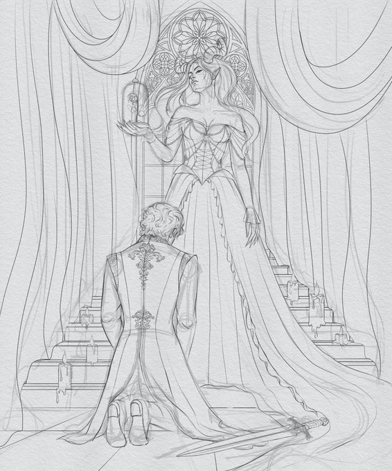 A pencil sketch illustration of a regal woman in a long gown holding a candle, standing above a kneeling man, with draped curtains framing the scene.