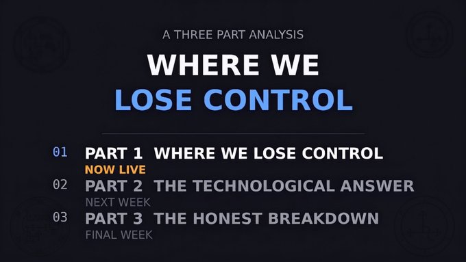 A promotional graphic for a three-part analysis titled 'WHERE WE LOSE CONTROL,' listing Part 1 (Now Live), Part 2: The Technological Answer (Next Week), and Part 3: The Honest Breakdown (Final Week).