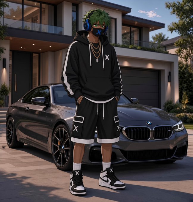 A green-haired anime-style character wearing a black hoodie and shorts with "X" branding stands in front of a gray BMW in the driveway of a modern luxury home, fitting the "GM CITY" vibe with a stylish, urban Sunday flex aesthetic.
