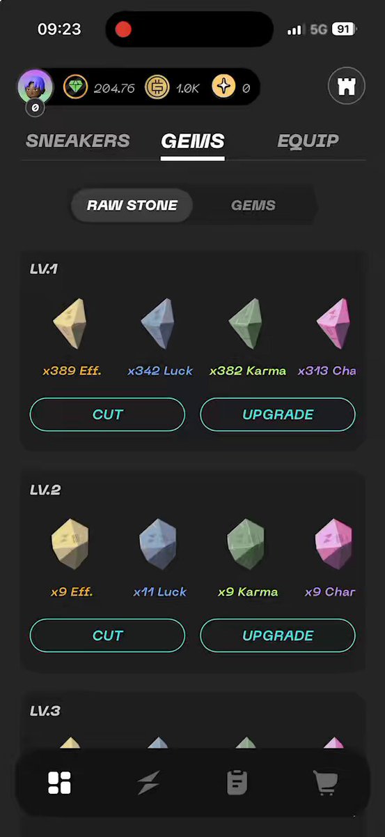 The image shows an iPhone screen displaying a game called "Geleis" with various upgrades available, including raw stone upgrades and gemstone upgrades. The user has already completed two upgrades, one for raw stones and another for gemstones. There are three more upgrades left in total, which include upgrading to a new pair of sneakers or upgrading the player's skillset. The game is set against a black background with white text that reads "Day of the challenge The days keep stacking up, one upgrade at a time. Still committed to the grind until rare sneakers finally land on STEPN GO Upgrade done #RawStoneUpgrade #STEPNGO".