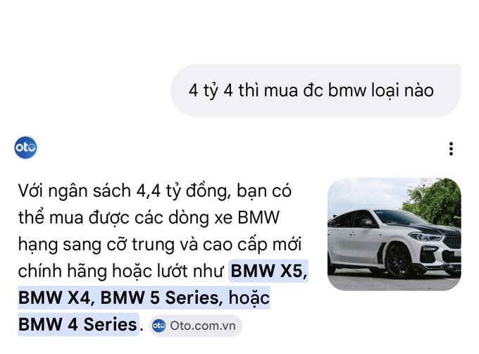 A screenshot of a Vietnamese Q&A about buying BMW cars with a 4.4 billion VND budget, listing models like 'BMW X5, BMW X4, BMW 5 Series, hoặc BMW 4 Series' with the source 'Oto.com.vn'.