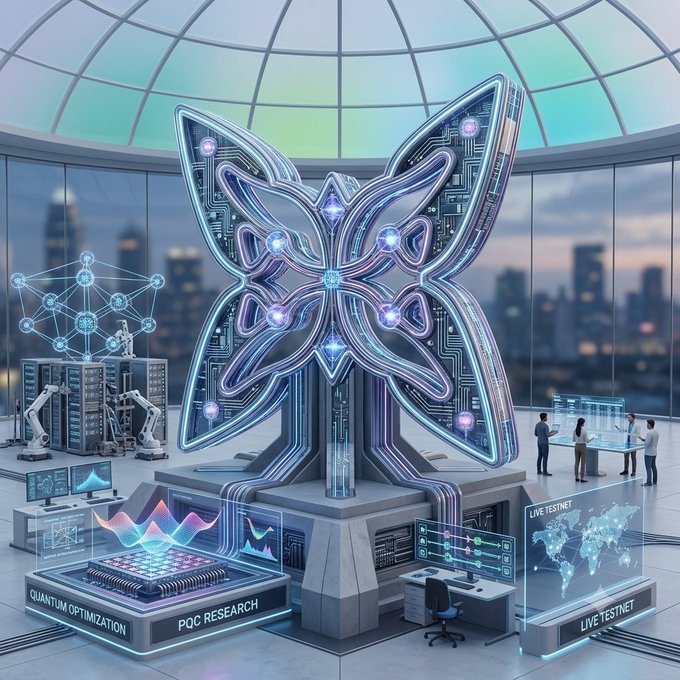 A futuristic research lab features a glowing, butterfly-shaped quantum computing core surrounded by holographic displays labeled "QUANTUM OPTIMIZATION," "POC RESEARCH," and "LIVE TESTNET," with researchers analyzing network maps and data waveforms. The image visually reinforces the post's praise for QuipNetwork's tangible execution of advanced quantum technology, contrasting the industry's typical hype with their actual live testnet and proof-of-concept research.