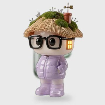 A 3D figurine features a round character wearing black glasses, a puffy purple jacket, and a grass-roofed hat with a small chimney.