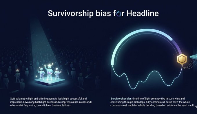 A dark infographic titled "Survivorshiy bias f.or Headline" depicting an illuminated stage with figures on it contrasted against a dark crowd, with a glowing timeline graph and decorative text on either side.
