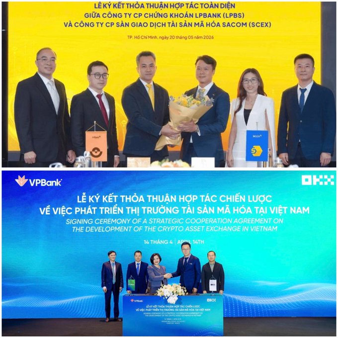 Two signing ceremony photos: the top shows a partnership between LPBank and Sacombank (Sacom - SCEX) on May 20, 2026 in Ho Chi Minh City, and the bottom shows a strategic cooperation agreement between VPBank and OKX for developing the crypto asset exchange market in Vietnam on April 14, 2026.