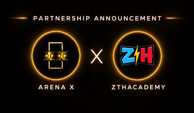Digital graphic announcing a partnership between two gaming/esports entities, 'ARENA X' and 'ZTHACADEMY', featuring their respective logos in glowing gold circles separated by an 'x'.