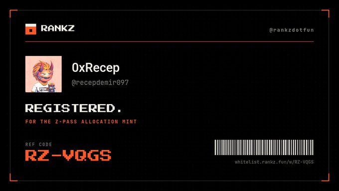 A dark digital card displaying 'RANKZ' at the top with a username '0xRecep', the word 'REGISTERED.', and reference code 'RZ-VQGS' in red along with a barcode and whitelist URL.