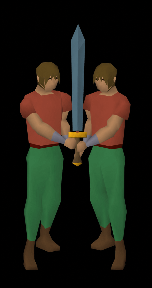The image features two men dressed in red shirts, each holding a sword. They are standing side by side against a black background, with their swords held high above them. The swords have gold handles that glint under the light. The text "Summer Sweep Up suggestion - Rune 4h sword" is written below the image, indicating that this scene might be related to a game or an event involving sweeping up items in the summer season.

The two men are positioned close together, with their swords held parallel to each other. This arrangement suggests they may be participating in a competition or a challenge where they need to sweep up objects using their swords. The image captures the essence of teamwork and camaraderie between these two individuals as they engage in this activity.