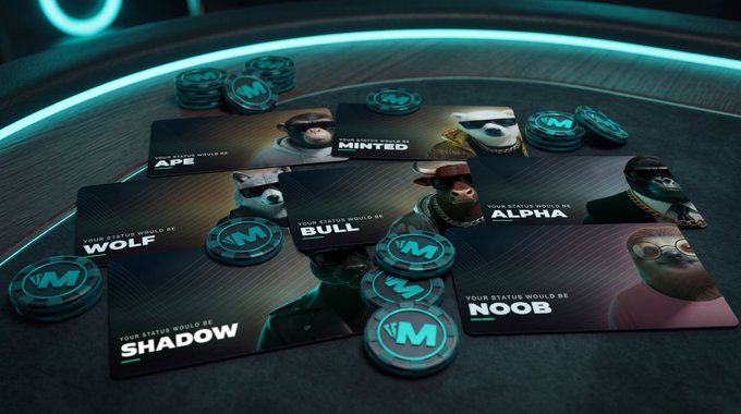 Crypto-themed meme cards featuring animal characters labeled APE, MINTED, ALPHA, WOLF, BULL, SHADOW, and NOOB alongside teal coin tokens with an 'M' logo.