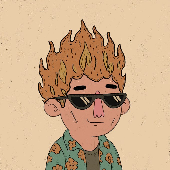 A cartoon illustration of a character with flame-like brown hair, wearing black sunglasses and a teal floral shirt, with stitched scars on their face.