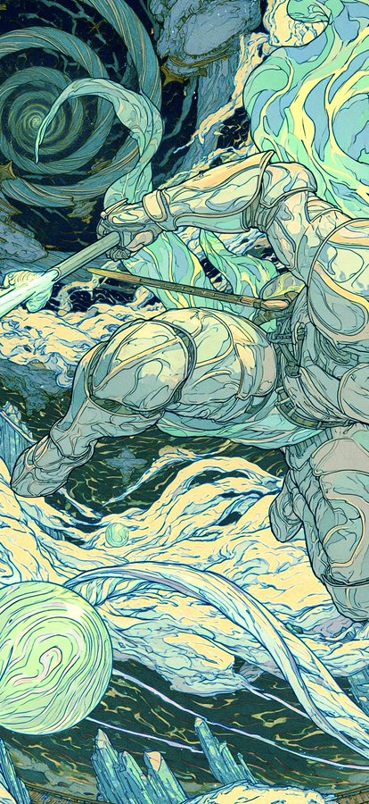 An intricate digital illustration shows a figure in futuristic armor riding a stylized, swirling wave-like creature in shades of green, blue, and yellow.