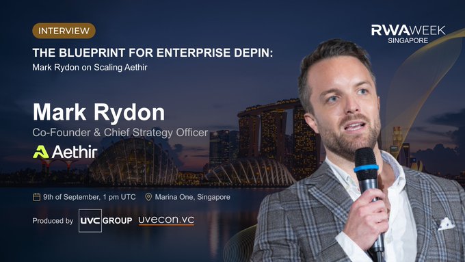 A promotional image for an interview at RWA Week Singapore featuring Mark Rydon, Co-Founder and CSO of Aethir, titled "The Blueprint for Enterprise DePIN: Mark Rydon on Scaling Aethir," scheduled for September 9th at 1 pm UTC at Marina One, Singapore. The image shows Mark Rydon speaking into a microphone against a backdrop of Singapore's iconic Marina Bay Sands, aligning with the post about his upcoming talk on scaling Aethir's enterprise GPU DePIN network.