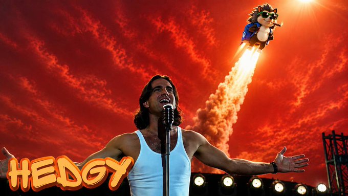 A surreal composite image featuring a man in a white tank top singing into a microphone with arms outstretched, with the hedgehog character Shadow the Hedgehog rocketing through a red sky in the background, and the text 'HEDGEY' in the corner.