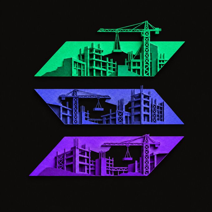 A stylized 3D artwork featuring three parallelogram panels in green, blue, and purple showing construction sites with buildings under construction and tower cranes against a black background.