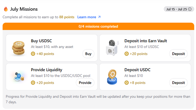 A 'July Missions' (Jul 15 - Jul 25) interface shows '0/4 missions completed' with tasks including 'Buy USDC' (+40 points), 'Deposit into Earn Vault' (+20 points), 'Provide Liquidity' (+20 points), and 'Deposit USDC' (+8 points).