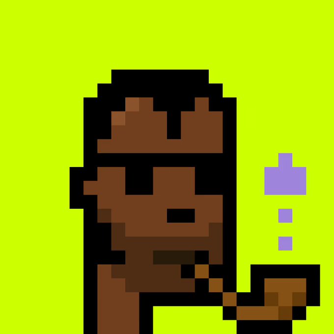 A pixelated avatar of a person with sunglasses and dark hair is shown against a bright lime-green background, with purple pixelated symbols floating to the right.