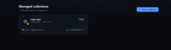 The image shows a "Managed collections" dashboard displaying one NFT collection under management titled "Only Traits" (contract 0x8286c7081...only-traits), with a green checkmark, "ready" status, "47 frozen" wallets, "4 open findings," and a floor price of 0.0088427999 ETH. This visually supports the post by illustrating BotFreeze's interface, where 47 bot wallets have already been frozen from the Only Traits collection to combat listing bots pressuring the floor price.