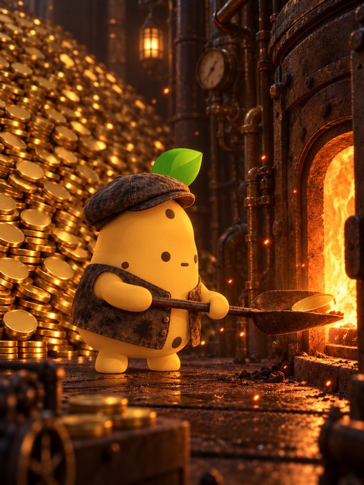 A whimsical 3D-rendered character resembling a yellow potato with a green leaf on top, wearing a flat cap and work clothes, holding a shovel in front of an industrial furnace with piles of gold coins in the background.