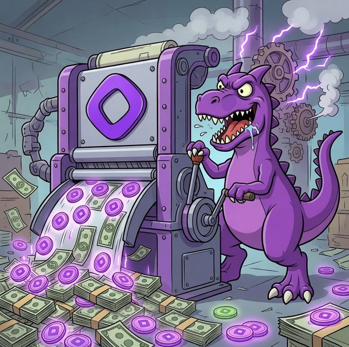 The image features a cartoon dinosaur with an angry expression, holding a machine that appears to be spewing out money. The dinosaur's mouth is open wide as if it's yelling or screaming. The scene takes place in a room filled with stacks of money, which are purple and green in color. The post about Monad Chain also includes the text "Something prehistoric is coming $MONSAURUS - born on Monad Chain. Fair launch on nad.fun. This dino doesn't do mercy."