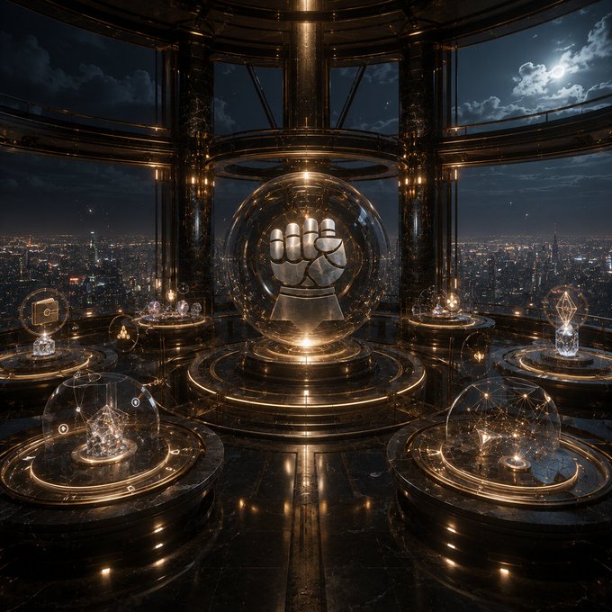 A futuristic 3D rendering of a metallic fist sculpture enclosed in a glowing transparent sphere, displayed in an ornate golden chamber overlooking a nighttime cityscape.