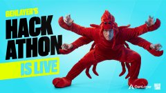 A promotional graphic for a Solana Hackathon featuring a person in a red, multi-armed dragon-like costume against a blue background.