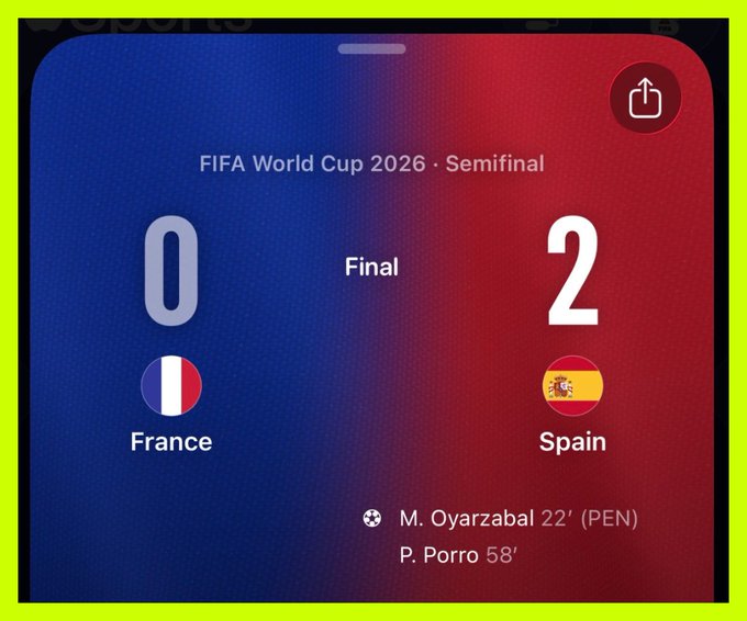 The image shows a FIFA World Cup 2026 Semifinal result where Spain defeated France 2-0, with goals from M. Oyarzabal (22' PEN) and P. Porro (58'). The "watching France play is like investing in shitcoins" caption draws a parallel between France's disappointing loss to Spain and the post's experience of losing money on bad cryptocurrency investments after $CASHCAT.