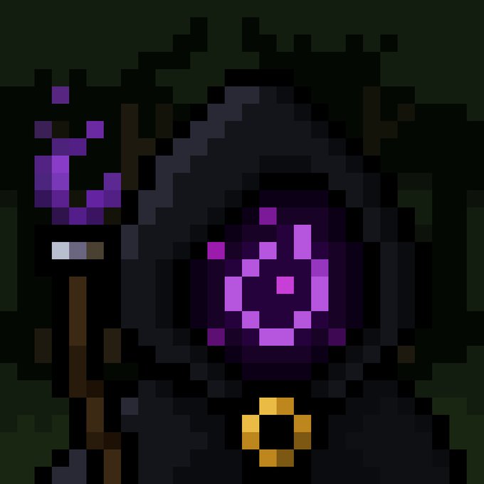 A pixel art illustration of a dark, hooded character with a purple, glowing magical effect emanating from its hood, holding a staff with a purple crystal, set against a dark green background.