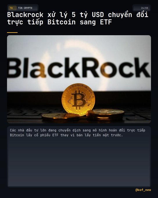 A Vietnamese news graphic about BlackRock converting $5 billion directly from Bitcoin to ETF, showing the BlackRock logo behind a golden Bitcoin coin on a laptop keyboard, with text in Vietnamese and the handle '@kof_new'.