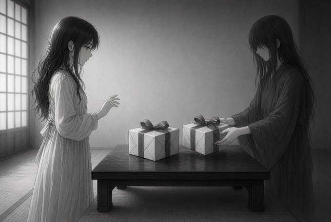 A black and white illustration depicts two young women standing on opposite sides of a low table holding two ribbon-tied gift boxes, in a room lit by a window.