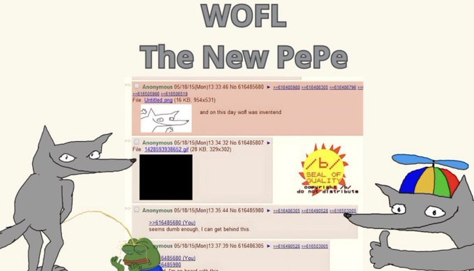 A meme titled "WOFL The New PePe" depicts a wolf character urinating on 4chan posts featuring earlier Pepe frog images, including one captioned "and on this day wolf was inwented," while a Parrot Pete character watches—symbolizing the WOFL token replacing Pepe as the dominant meme, per the post criticizing Matt Furie's recent "rug pulls" on Crypto Twitter.