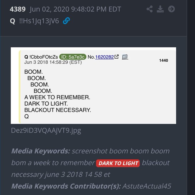 A screenshot from Q (likely QAnon) image board post 4389 showing a 2018 post by user 'QbbboFOtczs' with the cryptic text 'BOOM. BOOM. BOOM. BOOM. A WEEK TO REMEMBER. DARK TO LIGHT. BLACKOUT NECESSARY.'