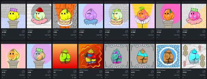 A grid view of NFT listings for the 'Cheeks' collection featuring various fruit and character-themed digital art pieces with prices in ETH and last sale amounts.
