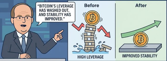 This cartoon illustrates Larry Fink's statement that "BITCOIN'S LEVERAGE HAS WASHED OUT, AND STABILITY HAS IMPROVED," depicting a precarious Bitcoin tower before and a stable Bitcoin on a pedestal after.