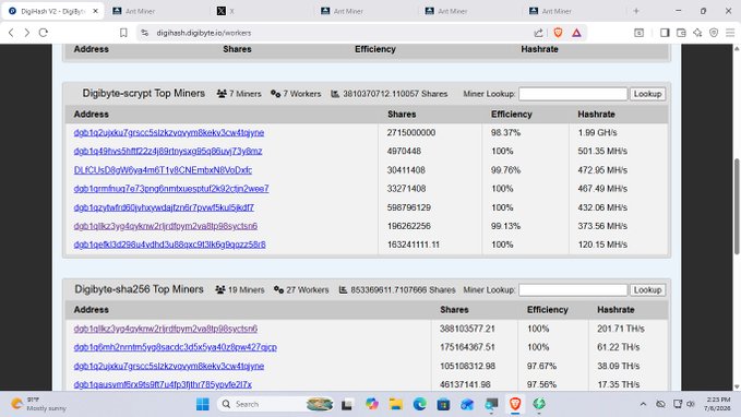 A DigiHash V2 pool statistics webpage displays top miners for Digibyte-scrypt and Digibyte-sha256 algorithms, showing share counts, efficiency percentages, and hashrate values.