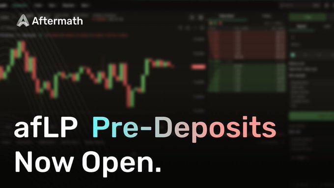 The image is a promotional graphic for Aftermath Finance announcing that "afLP Pre-Deposits Now Open," displayed against a dark background featuring a candlestick trading chart and blurred trading interface elements. The post relates to the image by promoting the newly launched afLP pre-deposit program, directing users to aftermath.finance/pre-deposits to deposit USDC in preparation for Aftermath's Perps v2 mainnet launch and earn points and incentives.