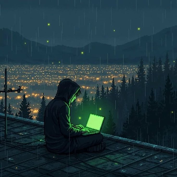 An anime-style illustration depicts a hooded figure sitting on a rooftop in the rain, typing on a glowing green laptop with a cityscape and forested mountains in the background.