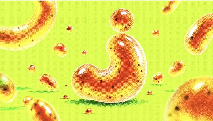 A stylized, pixelated illustration shows glossy, curved blob-like shapes resembling beans or droplets floating against a bright green background.