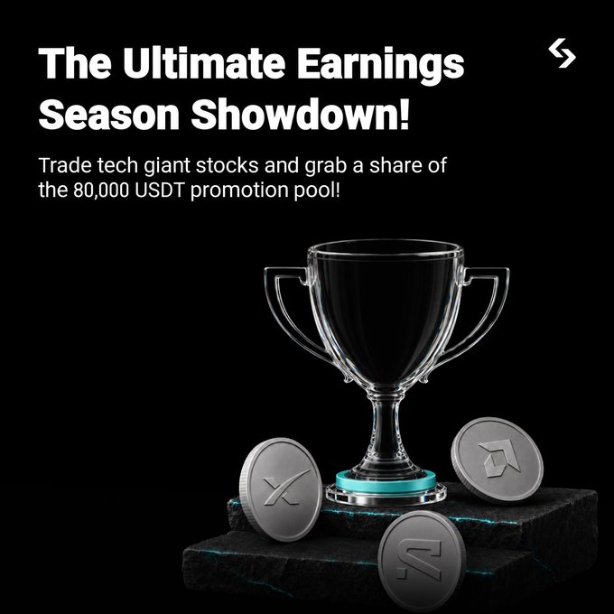 A black promotional graphic featuring a silver trophy surrounded by crypto coins (XRP and other tokens) with text reading 'The Ultimate Earnings Season Showdown! Trade tech giant stocks and grab a share of the 80,000 USDT promotion pool!'.