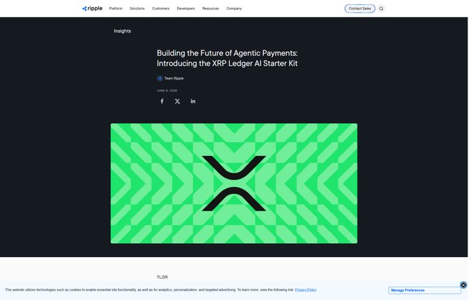 A Ripple Insights webpage titled "Building the Future of Agentic Payments: Introducing the XRP Ledger AI Starter Kit," dated June 3, 2024, featuring a green Ripple "X" graphic. The page corresponds to Ripple's release of the XRPL AI Starter Kit for the x402 protocol, highlighting the company's push to enable AI-agent payments on the XRP Ledger.