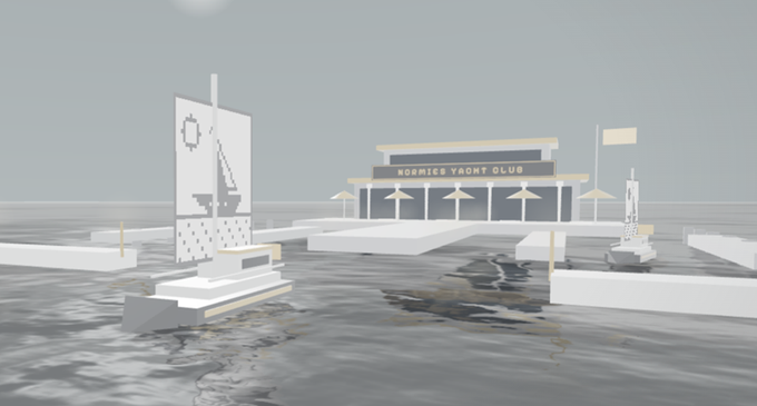 A low-poly 3D rendering of a virtual floating platform with a building labeled 'NOOMIES YACHT CLUB' and sailboats on the water.