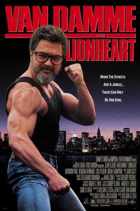 The image is a movie poster for "Van Damme is Lionheart," featuring Jean-Claude Van Damme in a black tank top, flexing his fist with a city skyline at night in the background and the tagline "When the streets are a jungle, there can only be one King." The accompanying post humorously compares the NFT3.0 streets to a jungle where only one can be king, echoing the poster's "king of the streets" theme to convey dominance in the NFT space.