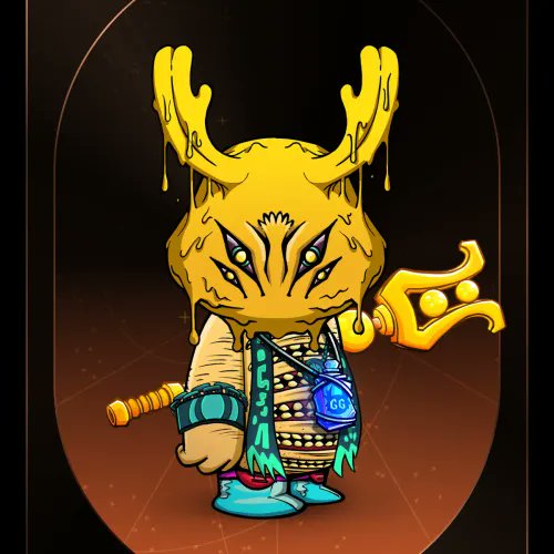 A digital illustration of a golden, dripping cartoon character with antler-like horns, holding a key-shaped weapon, wearing a green and gold robe with a blue 'GG' medallion.