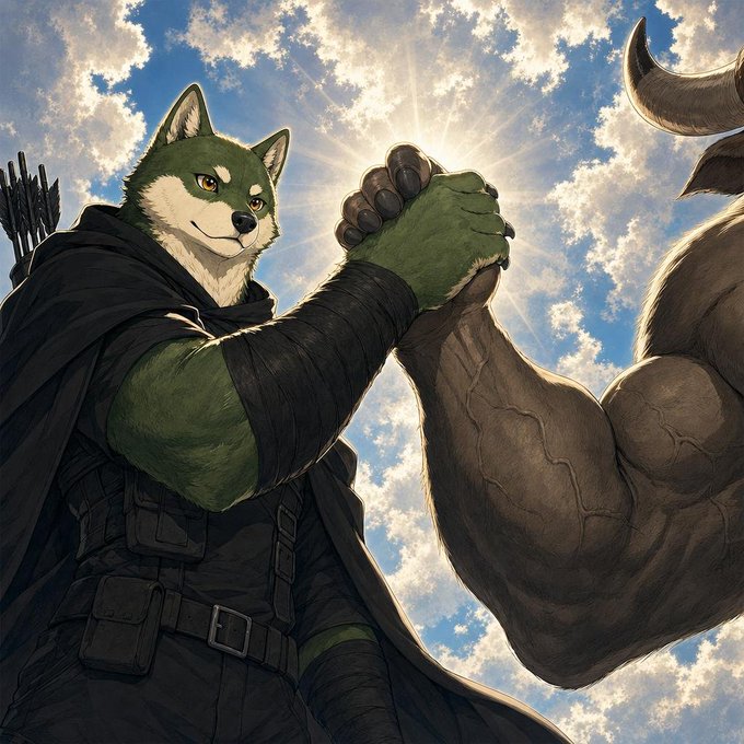 An anthropomorphic Shiba Inu archer in a dark cloak clasps hands with a massive, muscular beast-like figure against a bright cloudy sky, with the sun shining between their joined grip. The image visually embodies the post's theme of unity and shared origin, symbolizing the on-chain connection between the $WOOF deployer wallet and the original SHIB deployer.
