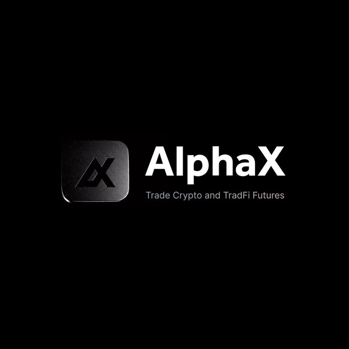 The AlphaX logo on a black background with the tagline 'Trade Crypto and TradFi Futures' next to a stylized 'AX' icon.
