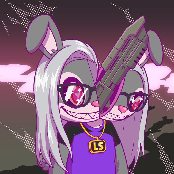 An animated cartoon character with long gray hair, bunny ears, pink eyes, and sharp teeth, holding a futuristic gun, wearing a purple shirt with an 'LS' pendant necklace.
