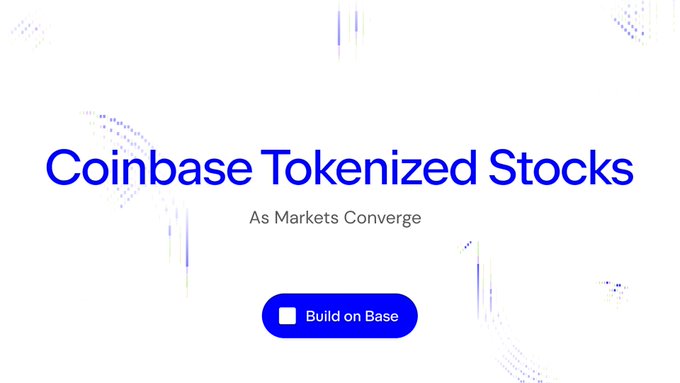 A promotional graphic for 'Coinbase Tokenized Stocks' with subtitle 'As Markets Converge' and a blue 'Build on Base' button on a white background.