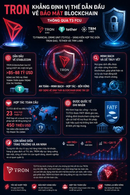 The image is a Vietnamese-language infographic highlighting TRON's leadership in blockchain security through its T3 Financial Crime Unit (T3 FCU) partnership with Tether and TRM Labs, featuring key statistics like over $85–88 billion USD frozen in stablecoin, 23 KHU VỰC PHÁP LÝ (legal jurisdictions), and 450 TRIỆU USD (million) in USDT linked to fraud being addressed. It also references FATF recognition and showcases TRON's global presence with ~400 TRIỆU tài khoản (million accounts) and ~9 TV+ giao dịch (transactions).