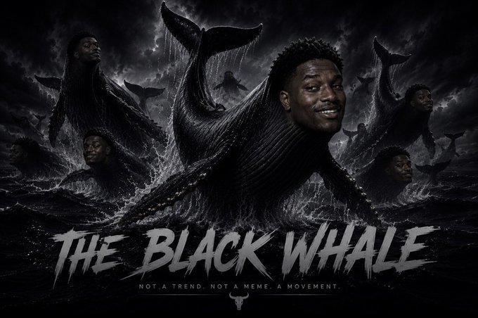A promotional poster titled 'THE BLACK WHALE' featuring a man's face merged with whale imagery and multiple faces in dark ocean waves, with the tagline 'NOT A TREND. NOT A MEME. A MOVEMENT.'